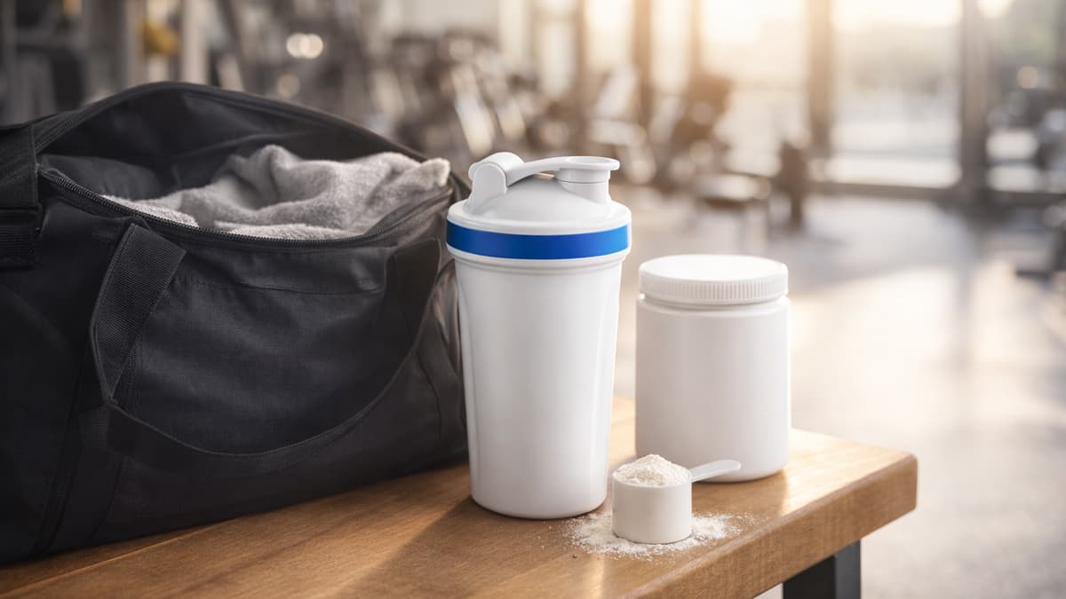 Protein Shaker neben Gym-Tasche in modernem Fitnessstudio – Supplement Marken