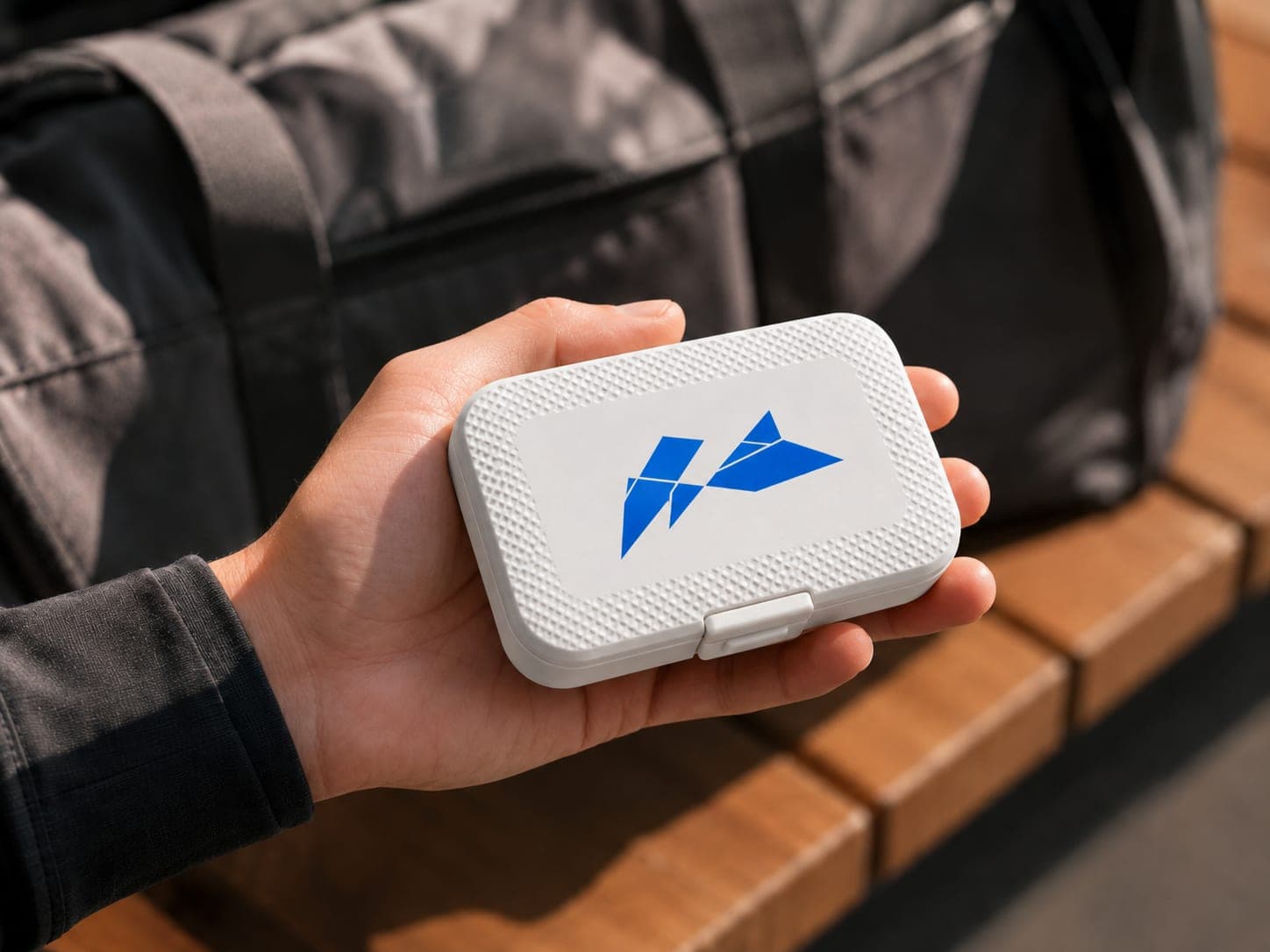 Bedruckte Pillenbox mit deutlich sichtbarem Logo, in der Hand gehalten vor einer Sporttasche
