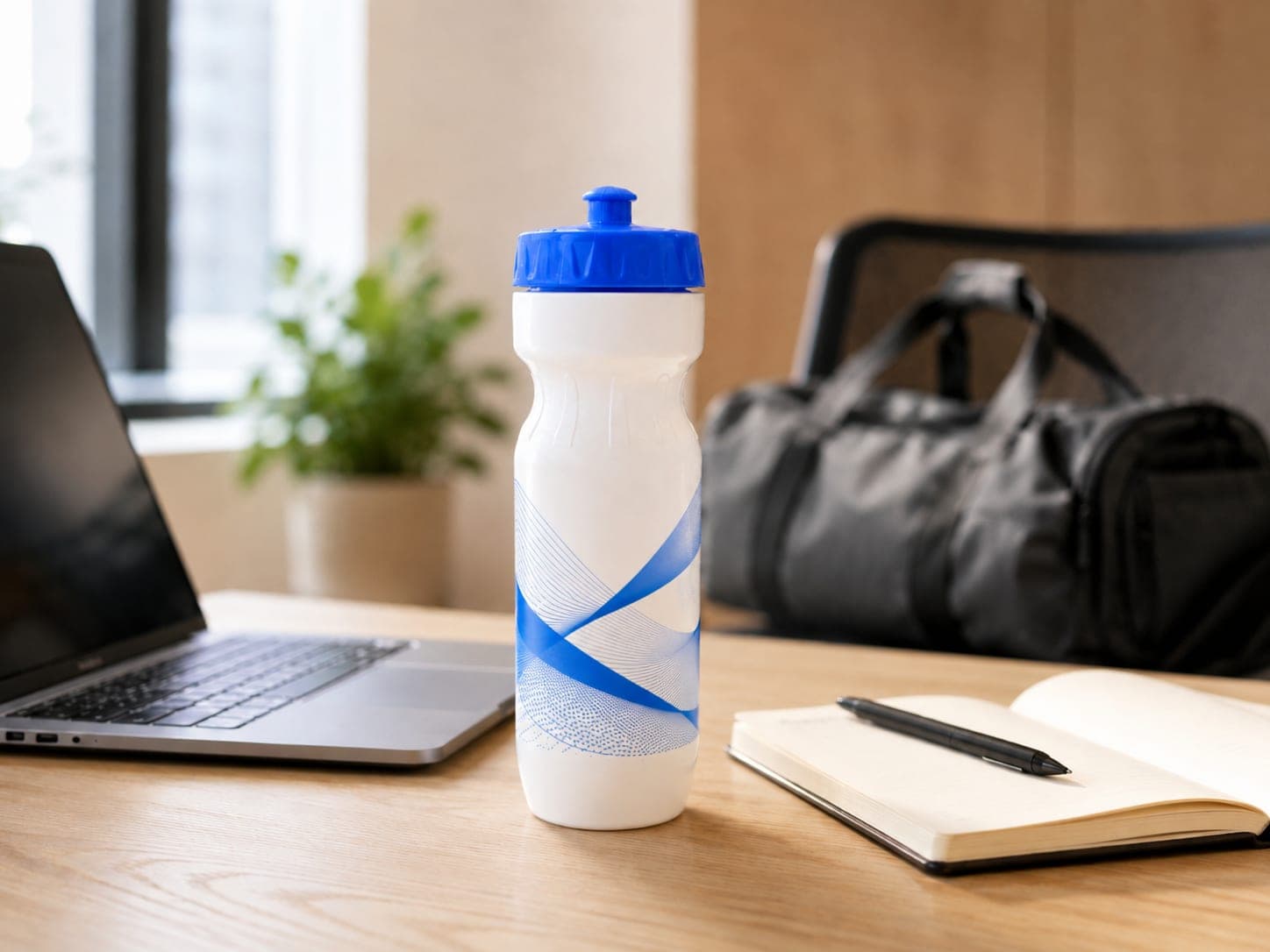 Bedruckte Sport-Trinkflasche mit Firmenlogo im Alltag: auf dem Schreibtisch neben Laptop und Notizbuch, daneben eine Sporttasche – dieselbe Flasche im Büro und im Studio