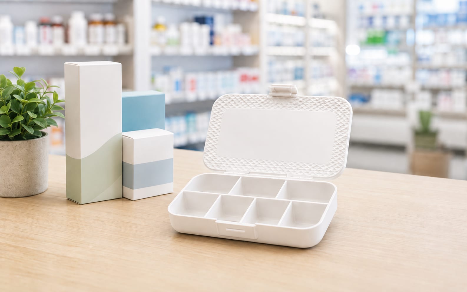 Pillenbox mit Apotheken-Logo auf einem Beratungstresen, daneben mehrere Präparate-Packungen