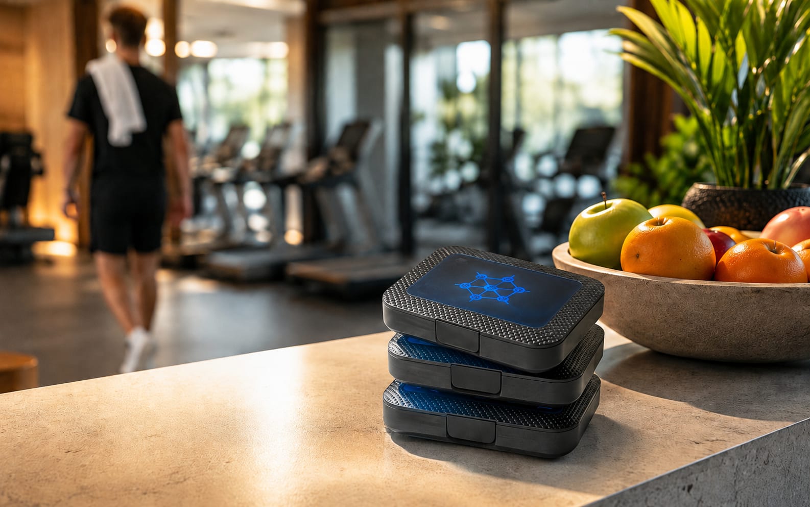 Bedruckte Pillenboxen mit Studio-Logo, gestapelt auf dem Tresen eines Fitnessstudios