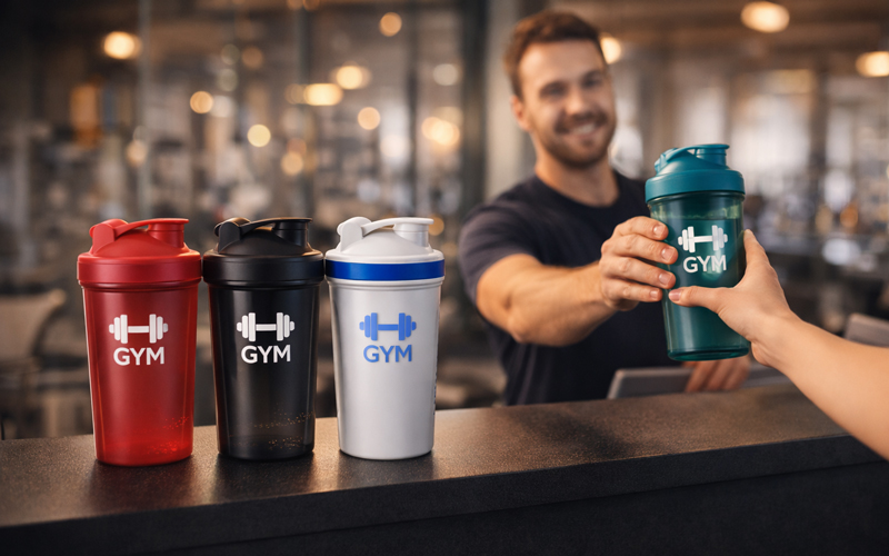 Fitnessstudio mit gebrandeten Shakern für Mitglieder