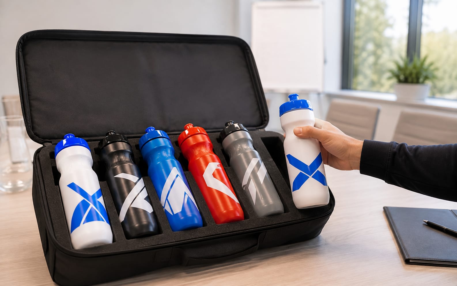 Musterkoffer einer Werbeagentur auf einem Besprechungstisch, darin bedruckte Trinkflaschen in mehreren Farben mit verschiedenen Kundenlogos