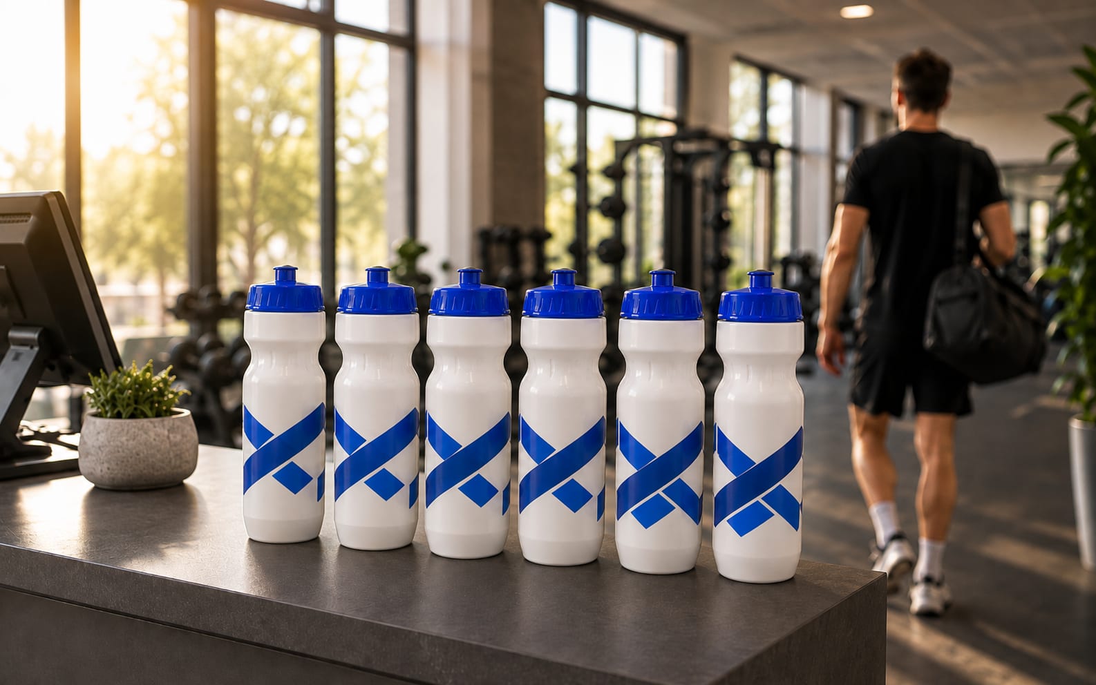 Bedruckte Sport-Trinkflaschen mit Studio-Logo aufgereiht an der Empfangstheke eines Fitnessstudios, daneben ein Mitglied mit Sporttasche